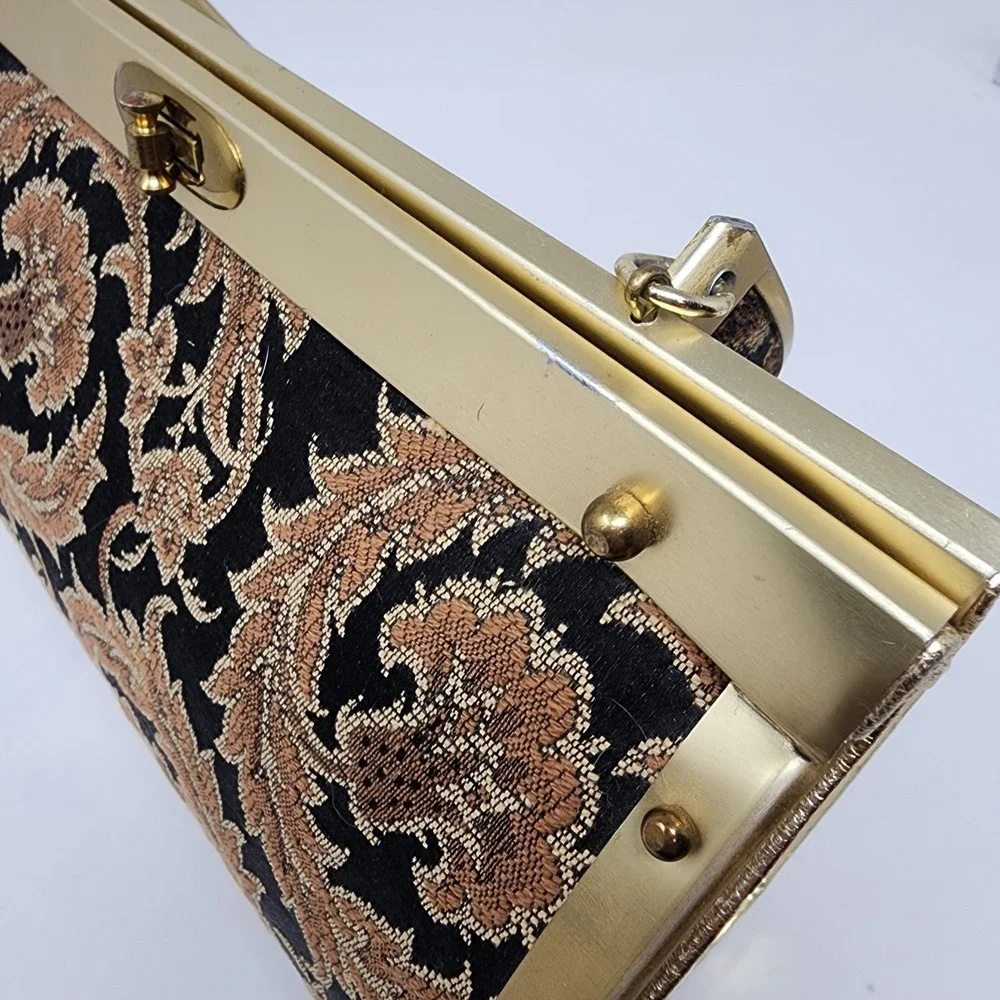 VTG 1950s Natalizio Of Miami Handbag‎ Gold Metal Brown Black Paisley Damask MCM